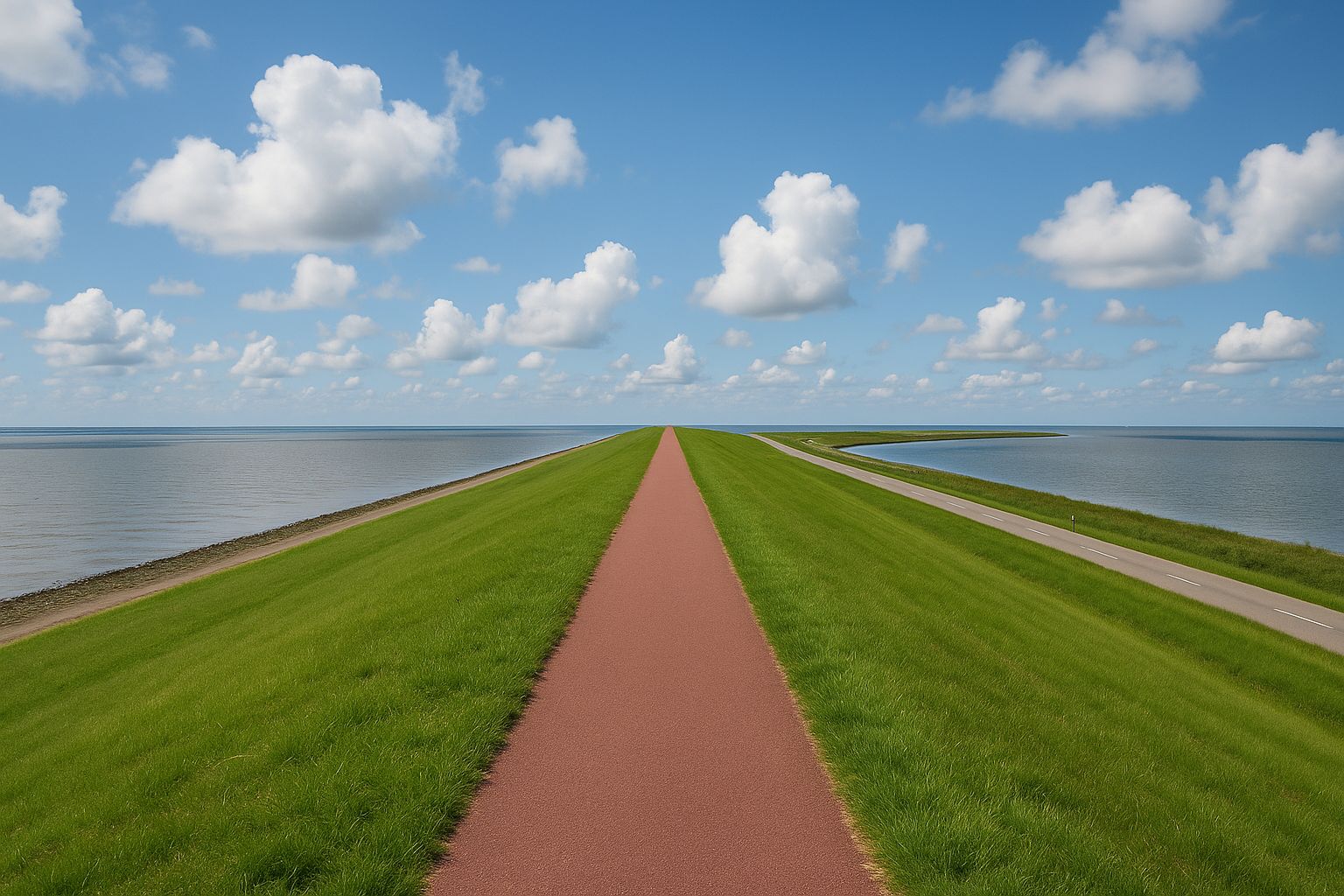 Grüner Deich mit Schafen vor blauem Himmel in Schleswig-Holstein