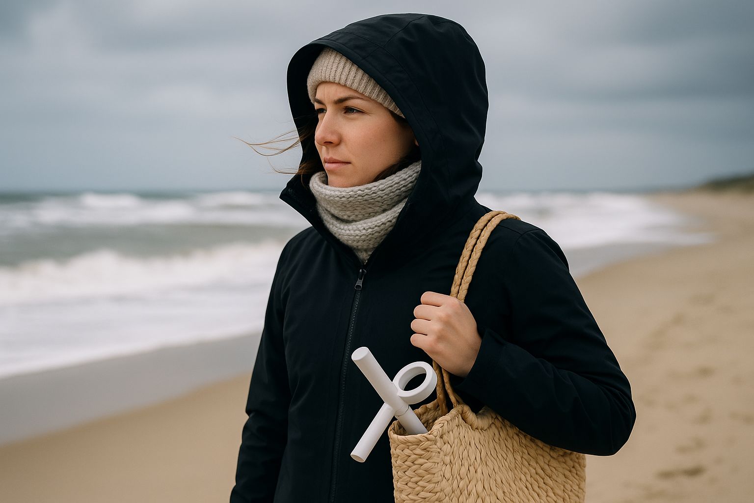 Frau am Strand in windiger Kleidung mit wehenden Haaren und Schal vor Nordseehintergrund.